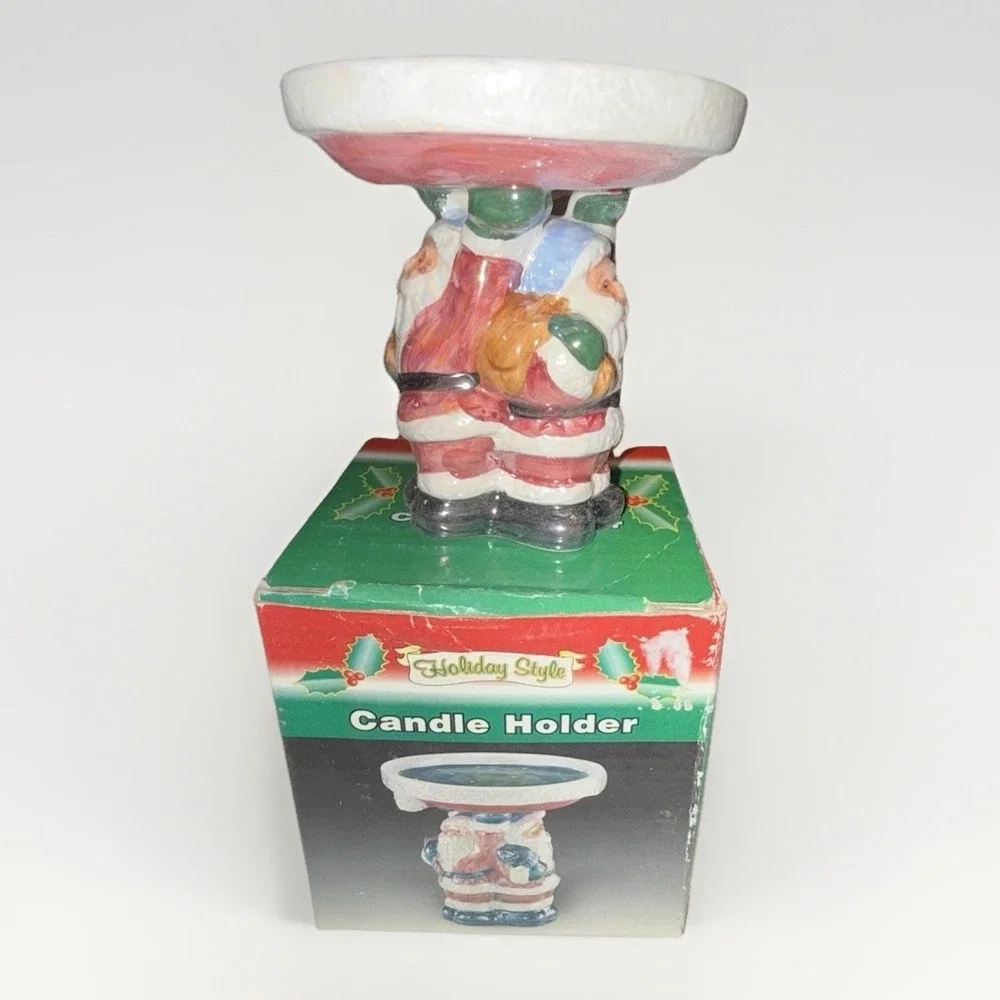 Holiday Style Ceramic Santa Claus Candle Holder Iridescent Green Basin with Box